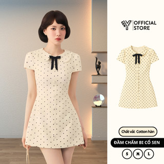  Đầm chấm bi cổ sen phối nơ đen dáng xòe GenY Váy ngắn vintage tiểu thư Hàn Quốc vải mềm mại V04 