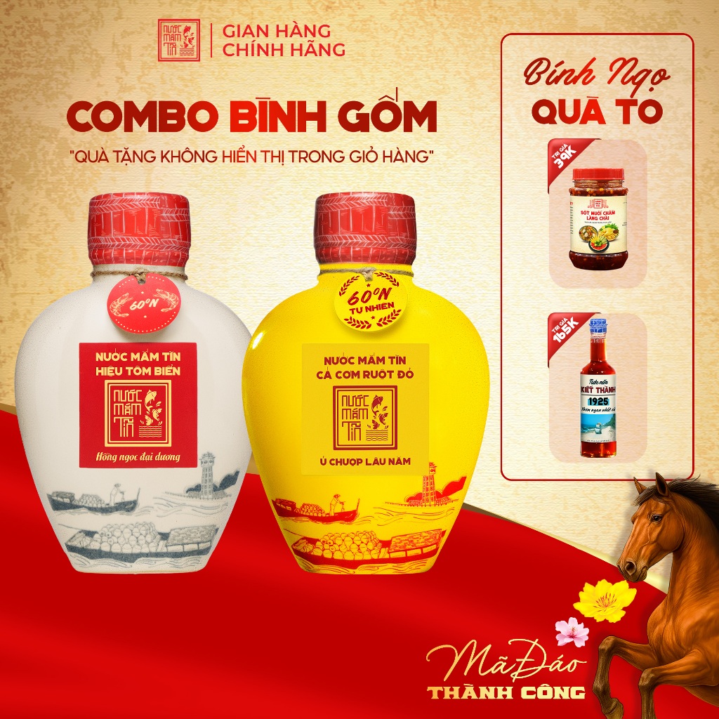 [Tặng Kiết Thành và Sốt muối chấm] Combo 2 BÌNH GỐM 500ml gồm Nước mắm Tĩn Tôm biển 60N 500ml và Cá 