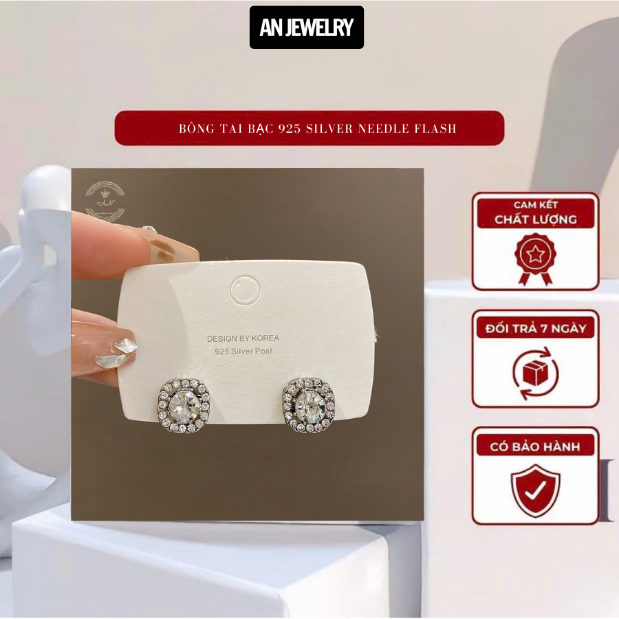 AN Jewelry - KT24 Bông tai bạc 925 Silver needle flash kim cương vuông, bông tai sang trọng nhẹ nhàn
