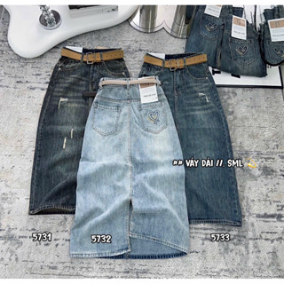  Chân Váy jean dáng dài mài tua rua thêu MinMin xẻ sau chất jean QCCC không co giãn màu rêu bụi siêu nịnh da 