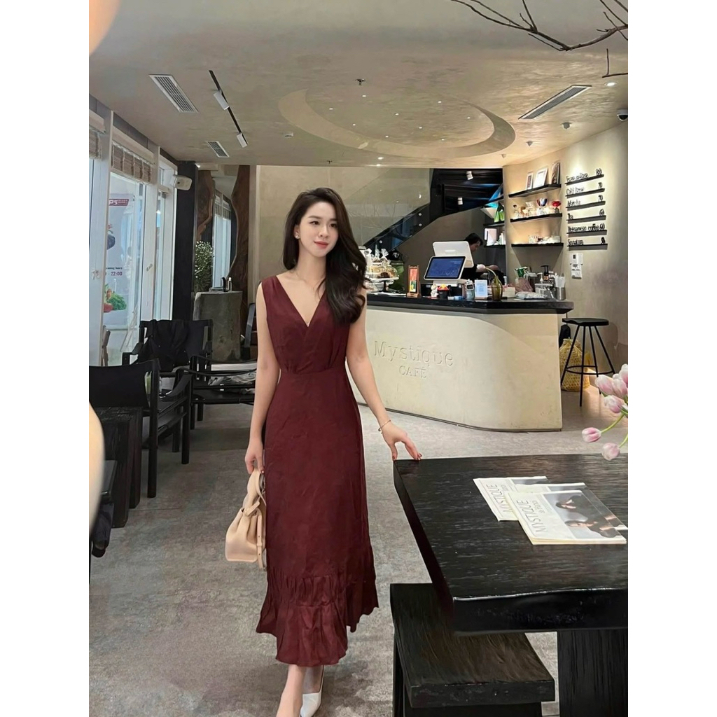 Đầm váy linen tưng premium cổ v dáng dài sang trọng, thanh lịch - mã hm1