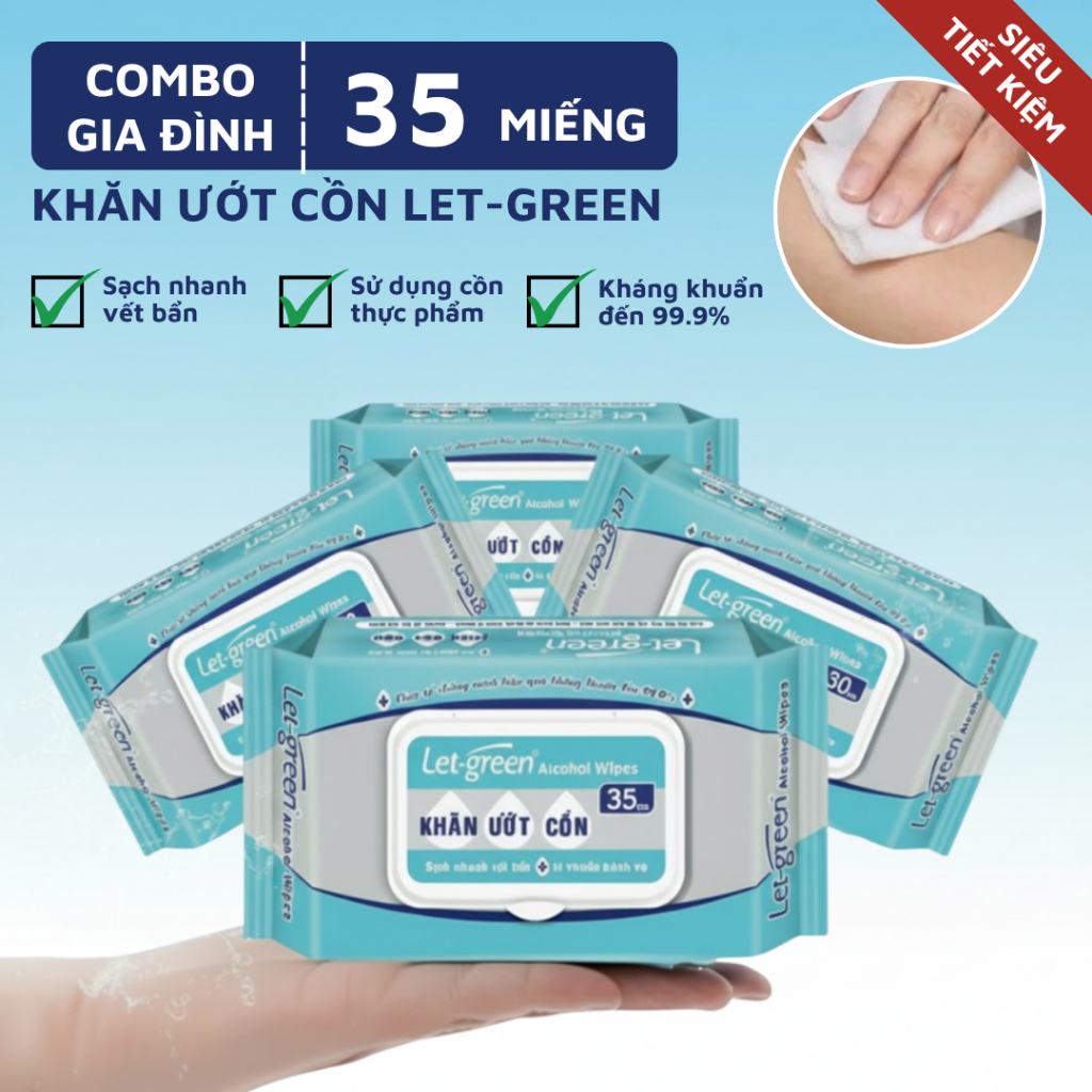 Combo Khăn Ướt Cồn Let Green Gói 35 Miếng Diệt Khuẩn Khử Mùi Đa Năng Tiện Lợi Tiết Kiệm An Toàn Cho Da