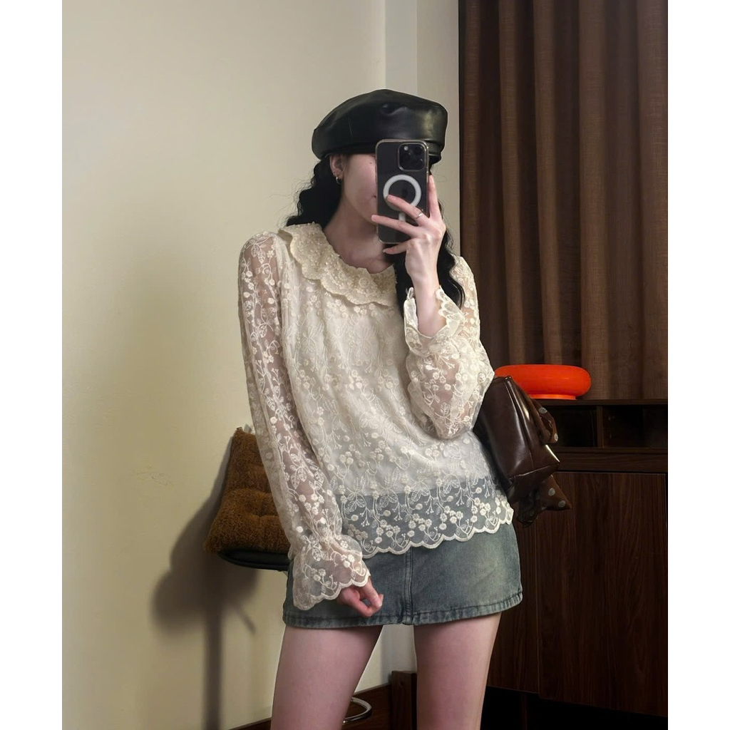 [A3001] ÁO REN HOA NỔI CỔ BÈO Wei Yi Studio- Áo sơ mi ren hoa kiểu QC tay bồng 2 lớp ulzzang tiểu thư HQ | BigBuy360 - bigbuy360.vn