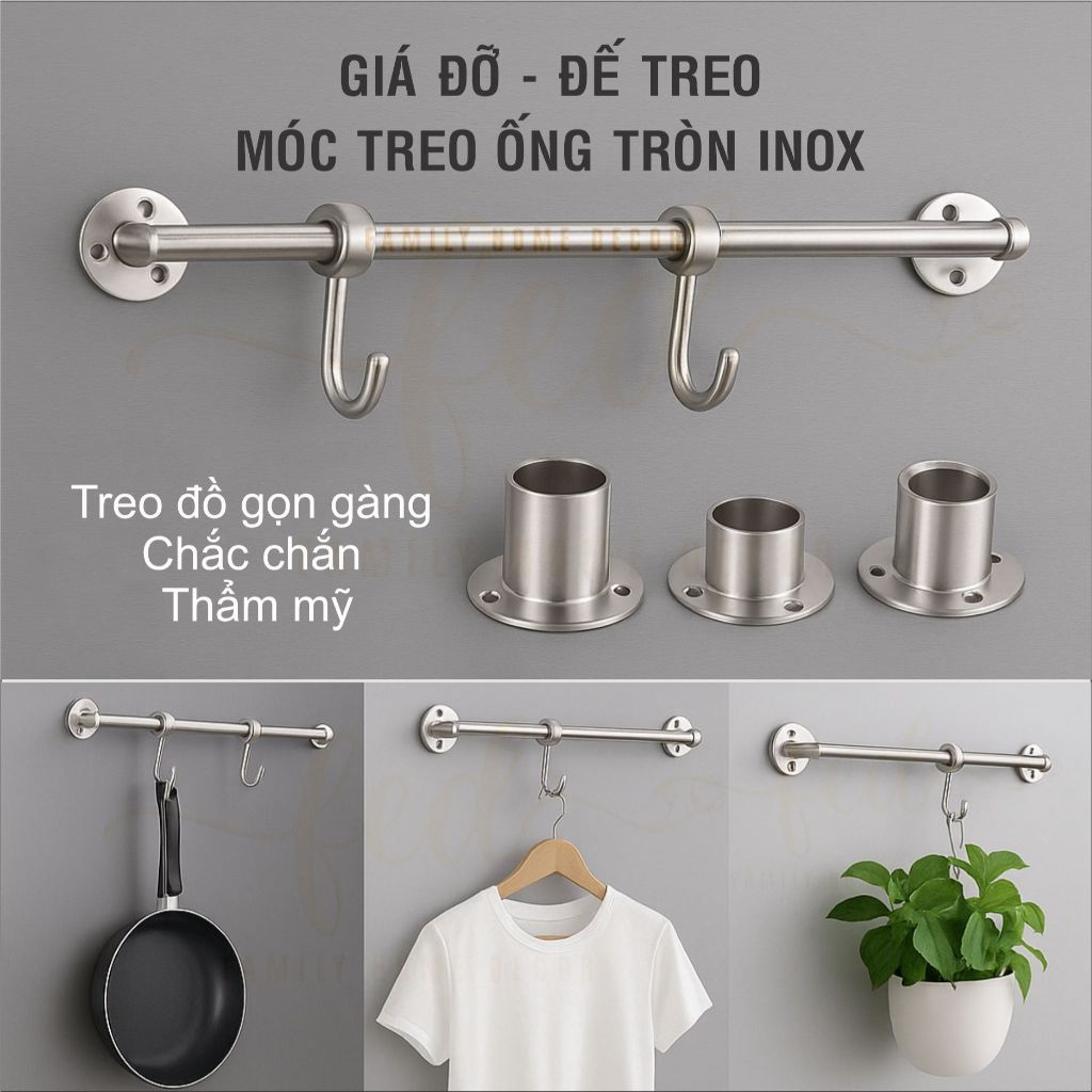 Móc Treo Đồ Nhà Bếp – Móc Treo Ống Tròn Inox Cao Cấp – Chân Đỡ Giá Treo Quần Áo Chống Gió, Rèm Cửa, 
