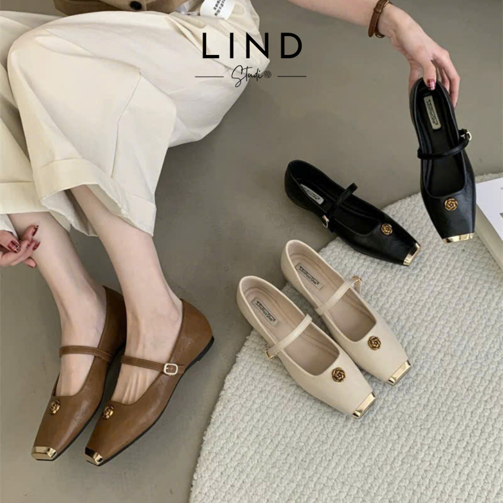 [Hàng sẵn - Form chuẩn] Giày 2p hoa trà gold mũi vuông SJinHanShe - G192 - Ảnh thật - LinD Shoes & S