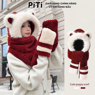  Mũ lông cừu nữ Mũ len lông cừu tai gấu PITI kèm khăn quàng cổ Set 4 món mũ kèm khăn và găng tay 