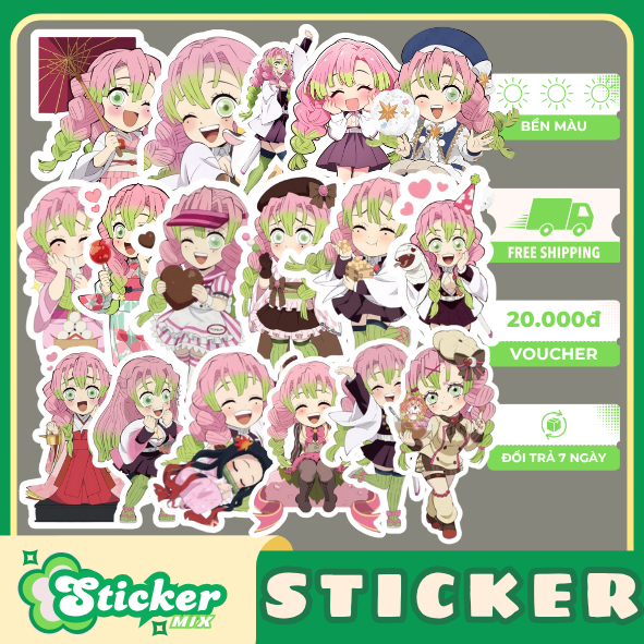 Bộ 50 sticker Mitsuri Kanroji Thanh Gươm Diệt Quỷ hoạt hình anime chống nước trang trí quà tặng, val