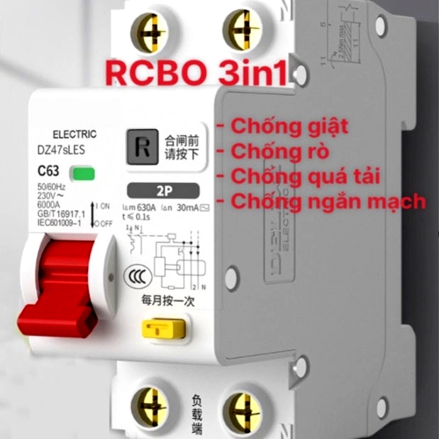 RCBO Aptomat chống giật, chống rò, chống quá tải DZ47sLES 2P  20A/32A/40A/63A