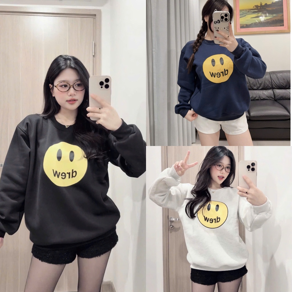 Áo nỉ sweater in hình mặt cười nam nữ, áo nỉ thu đông unisex lót bông dày vừa phải form rộng