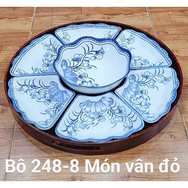 Bộ bát đĩa sứ  7 món +khay gỗ, Bộ bát đĩa hoa mặt trời, Sét đĩa mặt trời màu trắng viền đen size 48cm