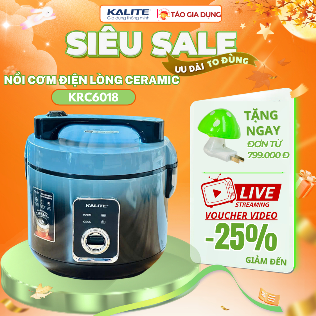 Nồi cơm điện Kalite KRC6018 - Lòng niêu ceramic siêu chống dính, nấu 3D, cơm dẻo, thơm ngon, bền bỉ