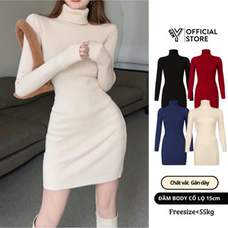  Váy nữ cổ lọ dài tay GenYmall váy dáng dài ôm sát tôn body chất vải dày dặn co giãn thoáng mát T04 