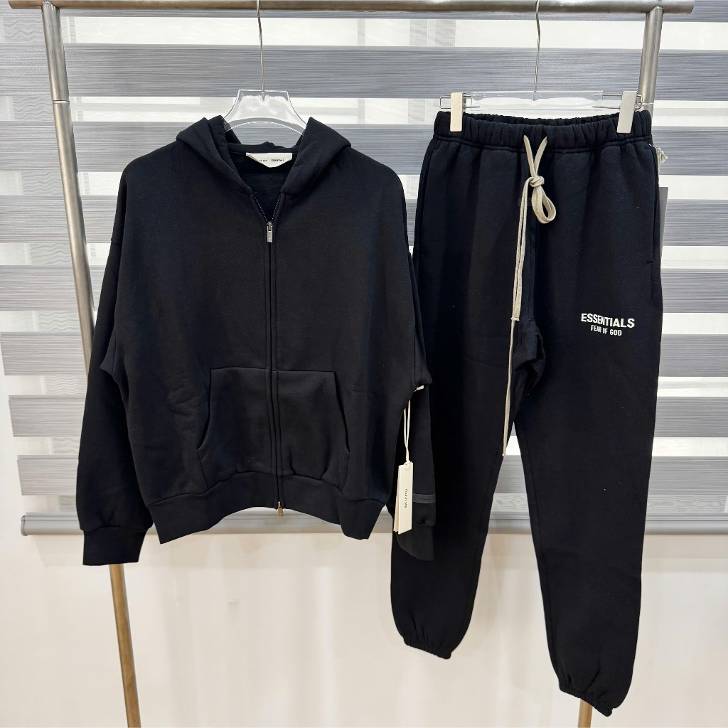 [BEST QUALITY] Set đồ nỉ hoodie zip FEAR OF GOD ESSENTIALS Jersey Black cao cấp, Bộ đồ nỉ FOG