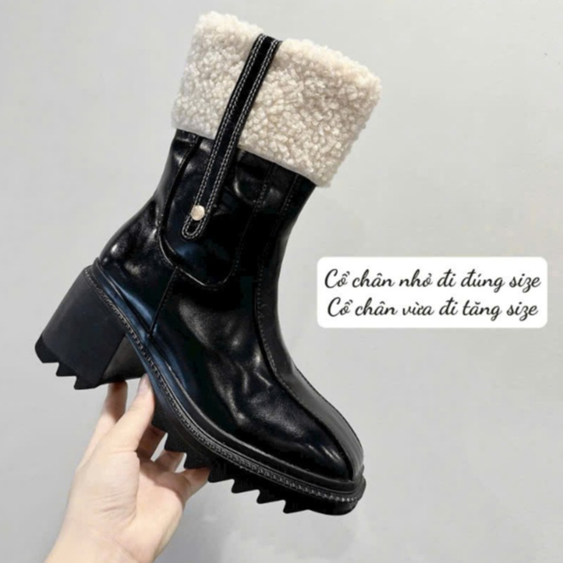 Boot nữ cổ lông cừu khóa kéo sườn cổ lông và cổ vải 7cm Camell, Bốt nữ lửng cao gót cá tính da lì cổ