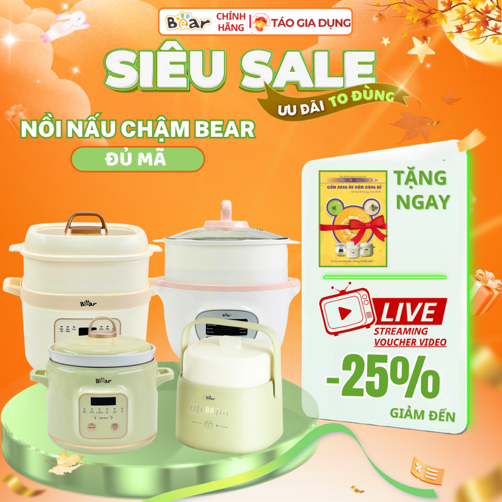 Nồi Nấu Chậm Bear 1,6L SB-NNC16 (Tặng Sổ tay ăn dặm) - Đa Năng  6 chế độ nấu, chuyên cho bé ăn dặm