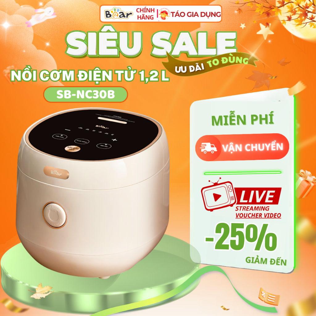 Nồi cơm điện 3L Bear SB-NC30B - Lòng nồi 1,2L, nhiều chế độ nấu, hẹn giờ rảnh tay, thiết kế đáng yêu