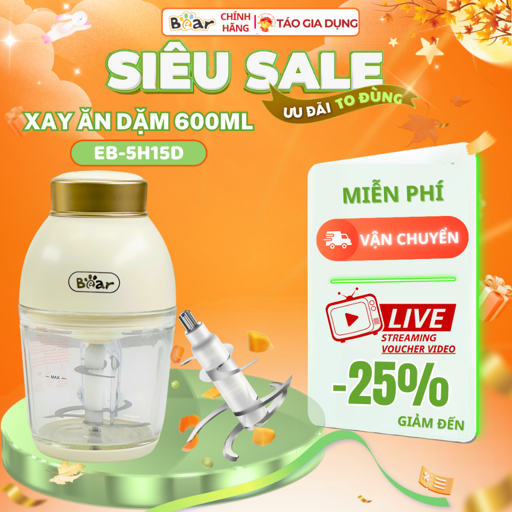 Máy xay ăn dặm cho bé Bear QSJ-D02Q1 0.6L - 200W, cối thuỷ tinh an toàn, 6 lưỡi dao inox 304 bền bỉ