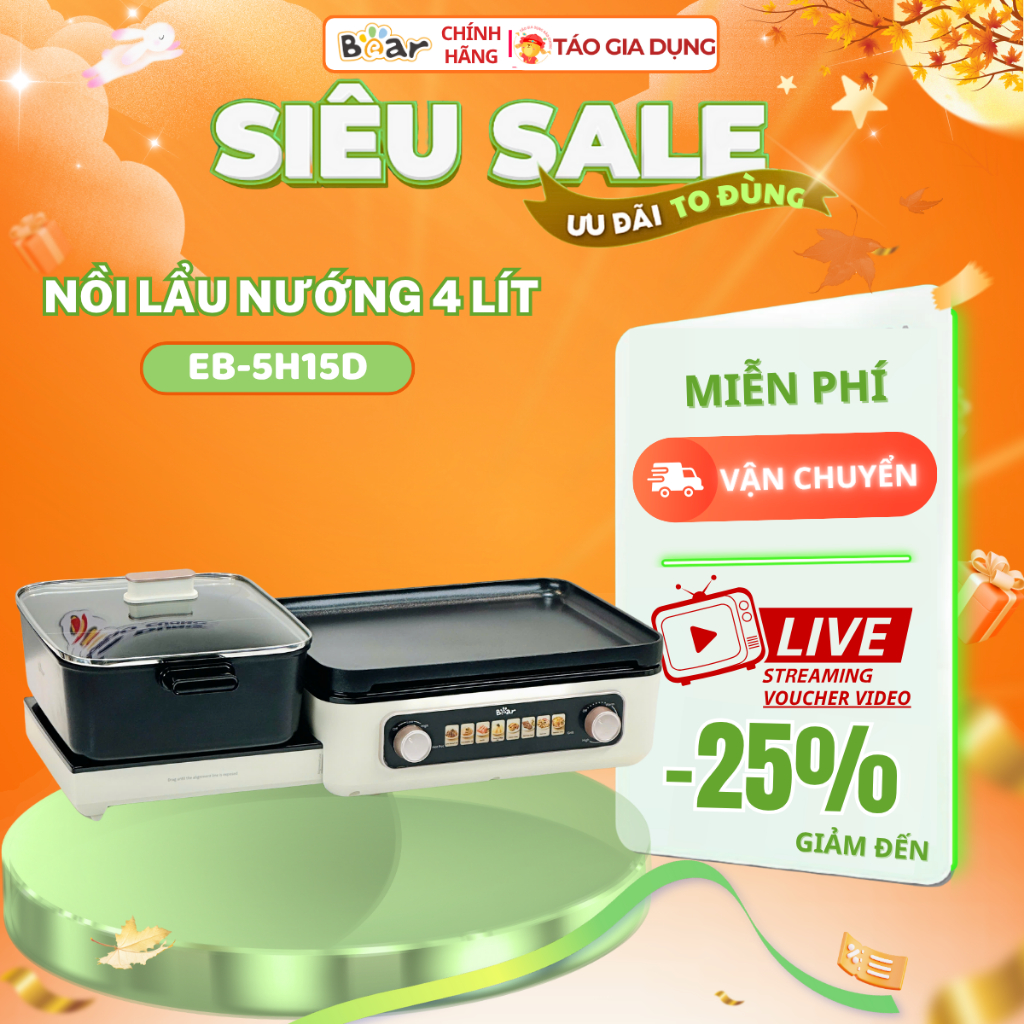 Nồi Lẩu Nướng Đa Năng Bear 4L GR-5H22R83 - 2100W, Điều khiển 2 vùng độc lập, Chống dính cao cấp