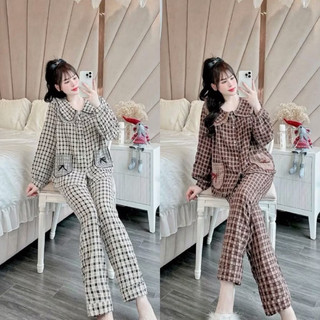  Sét Bộ Ngủ Pyjzama Nữ Áo Dài Quần Dài Kẻ Cổ Sen Bigsize 40-->82kg Chất Đũi Vân Mây Túi áo Nhám mặc quanh năm loại 1 Hĩn  