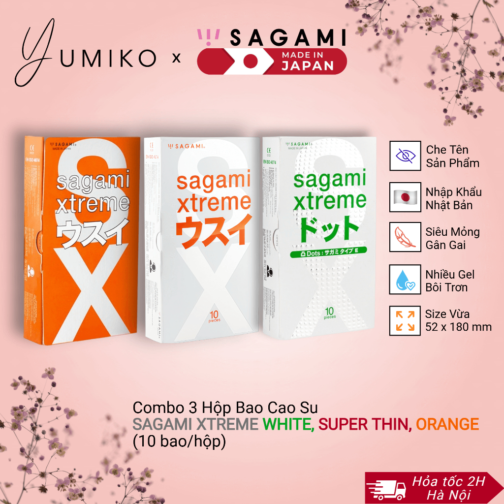 COMBO 3 Hộp Bao cao su SAGAMI Siêu Mỏng 0.02mm, Gân Gai, Hương Cam (30 BCS Chính Hãng Nhật)