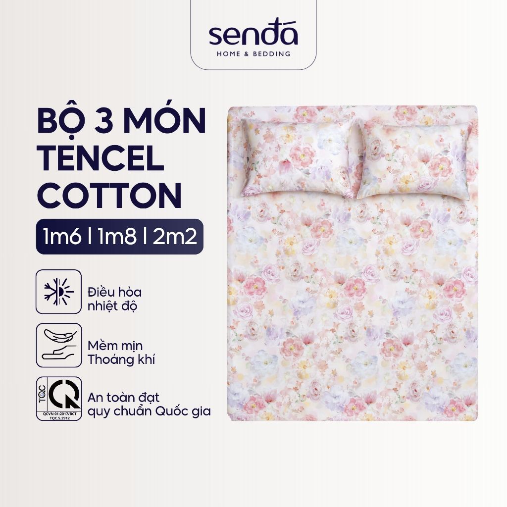 Bộ ga gối 3 món Lụa Tencel Cotton Sen Đá Home Bedding cao cấp họa tiết, set 2 vỏ gối, 1 ga giường bo