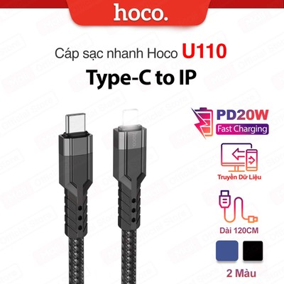 Cáp sạc Typec to IP PD20W 3.0A Hoco U110 dùng cho ip7/8/X/11/12 vải dù chống rối dài 1.2M (ĐEN)