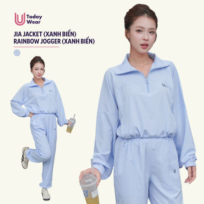 [DEAL MỞ BÁN - THU ĐÔNG] Set thể thao nữ áo khoác gió half-zip Jia Jacket mix quần jogger Rainbow xanh biển Today U Wear