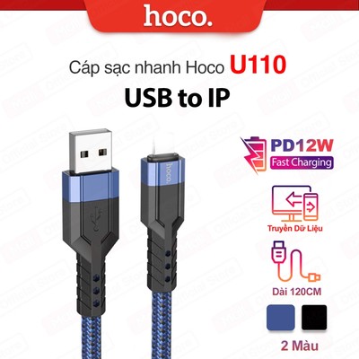 Cáp sạc nhanh USB to IP Hoco U110 truyền dữ liệu ,dùng cho ipX/11/12/13/14 vải dù chống rối dài 120cm