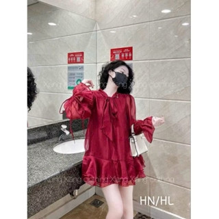  Váy bầu dài tay babydoll tiểu thư vải tơ ánh bánh bèo sang trọng có kèm quần 