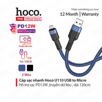 Cáp sạc nhanh PD12W USB to Micro Hoco U110 dùng cho Android/Samsung/Oppo, dây dù chống gãy gập dài 120cm
