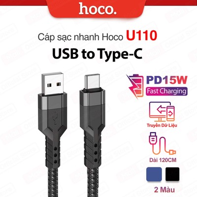 Cáp sạc nhanh Hoco U110 USB to TypeC truyền dữ liệu dùng cho ip15/16/17/Android vải dù chống rối dài 120cm