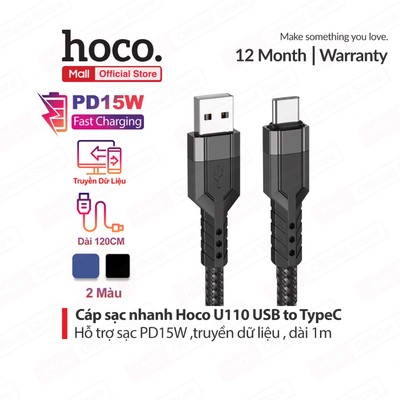 Cáp sạc nhanh USB to TypeC truyền dữ liệu Hoco U110 dùng cho ip15/16/17/Android vải dù chống rối dài 120cm