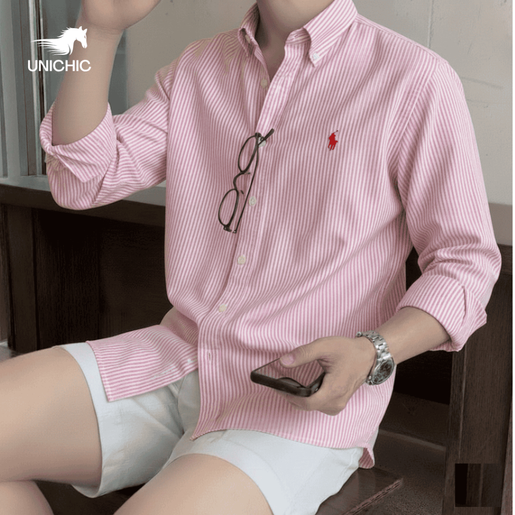 Áo Sơ Mi Tay Dài Sọc Màu Hồng Vải Premium Oxford Shirt Logo Ngựa Thêu Unichic SMMDTC666