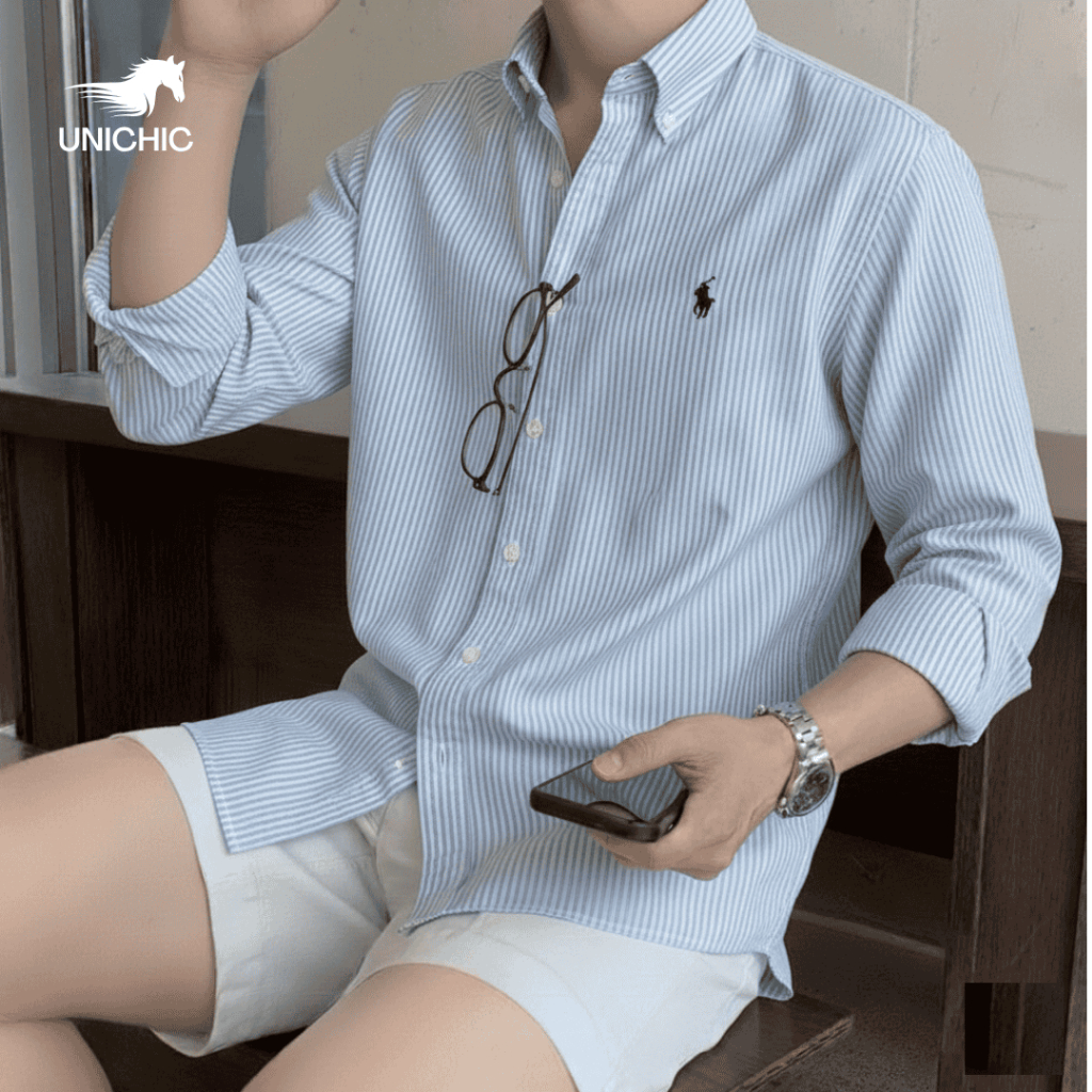 Áo Sơ Mi Tay Dài Sọc Màu Xanh Dương Vải Premium Oxford Shirt Logo Ngựa Thêu Unichic SMMDTC666
