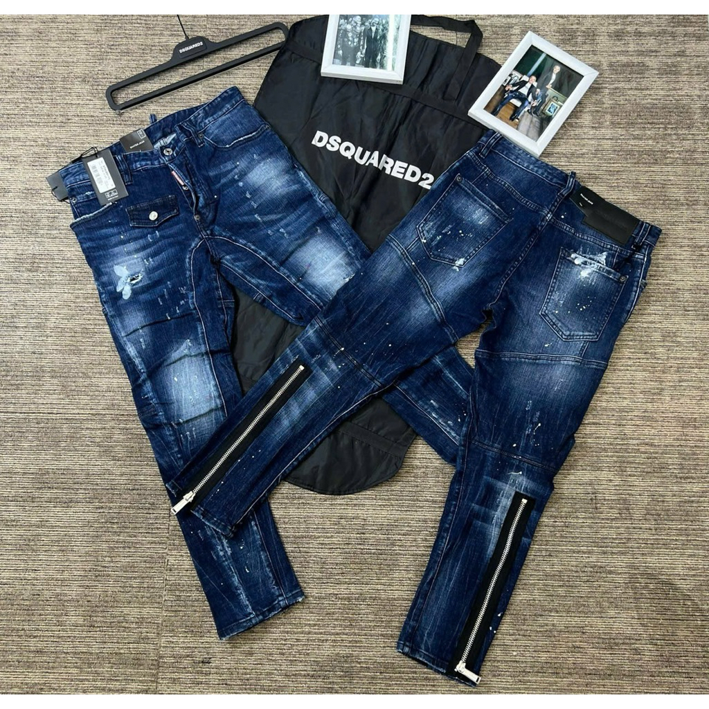 Quần Jean Nam Mã D2-23 Ath 1:1 Bản Biker Khoá Ống Chân, Nắp Túi Đùi Wash Rách Vảy Sơn Ống Côn Dsq2