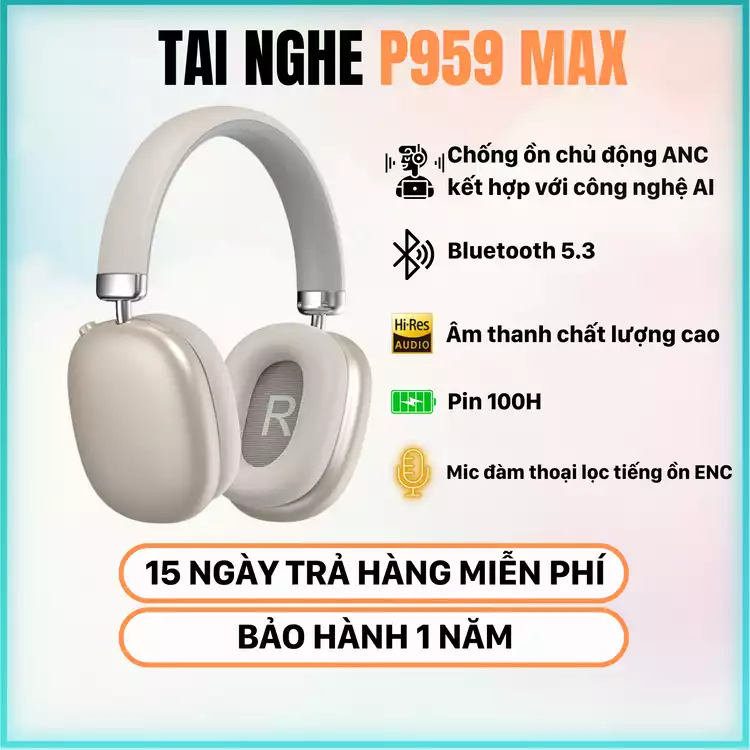 Tai nghe Bluetooth P959 Max | Âm Thanh Vòm 360° | Bass Căng Đeo Êm Không Đau Tai | Micro lọc ồn call