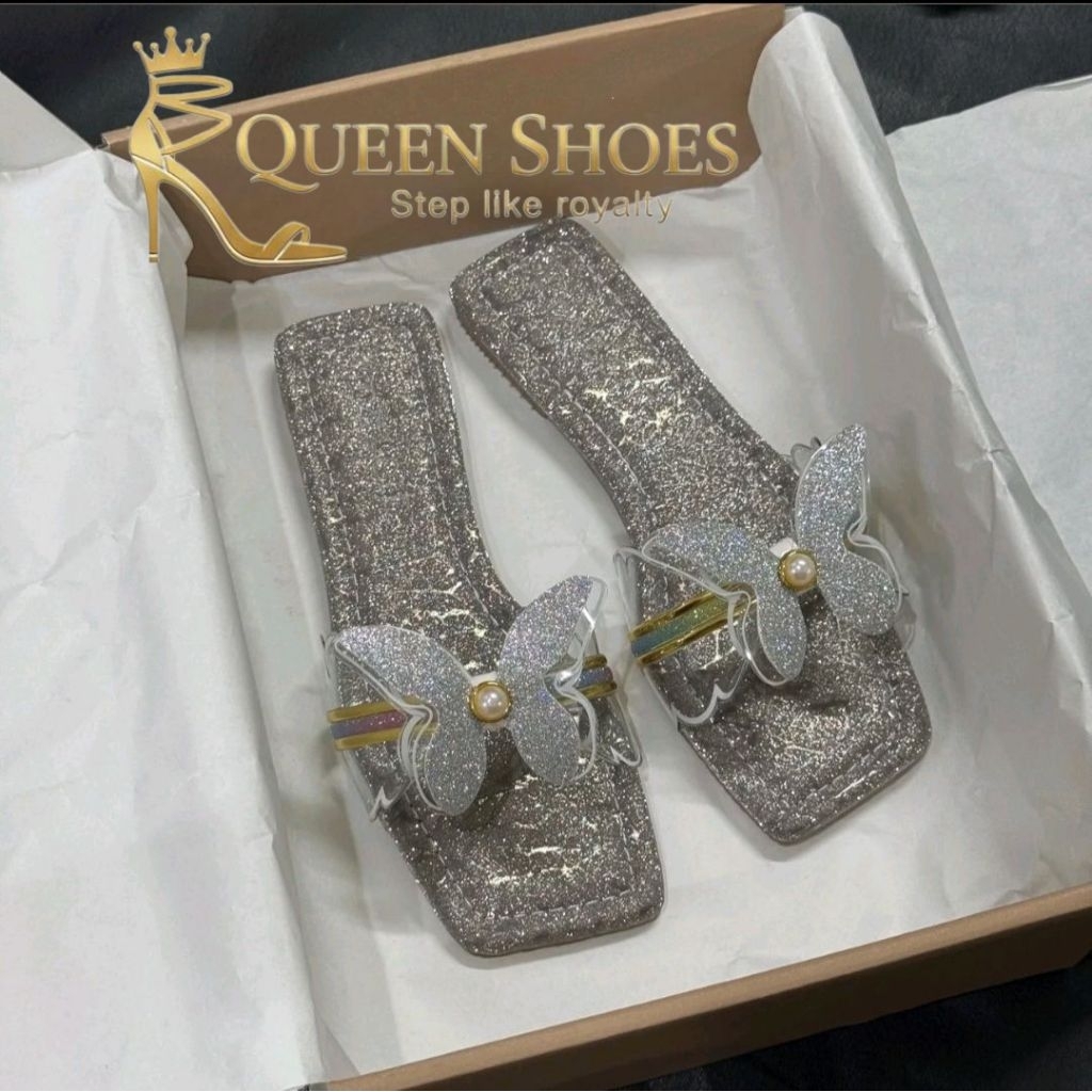 Queen shoes  - Dép Lê Mũi Vuông, Quai Meca Hình Bướm 2 Tầng Đính Ngọc Châu.