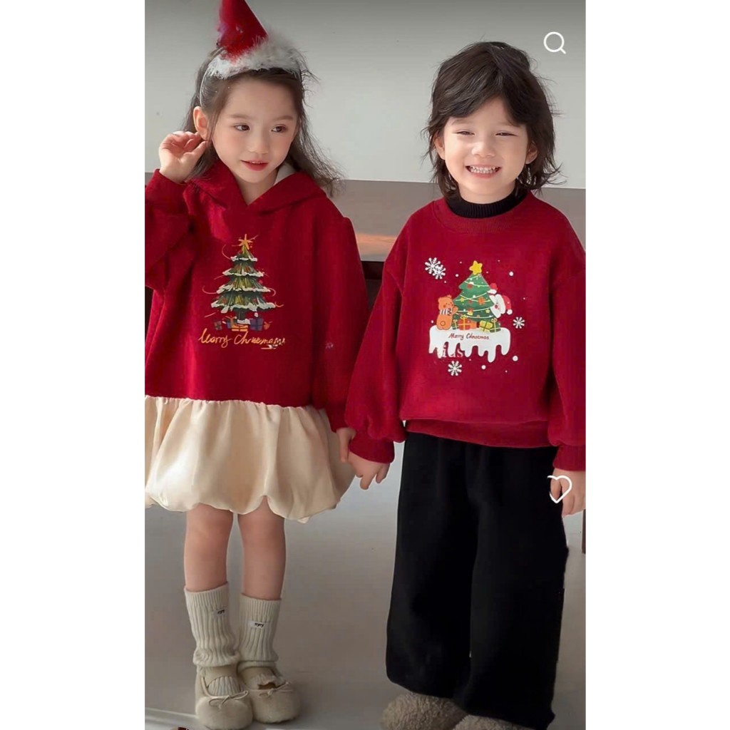Đồ Noel cho bé trai, bé gái, Set đôi Noel nỉ Hàn áo bé trai + Váy bồng bềnh có mũ bé gái từ 10-30kg 