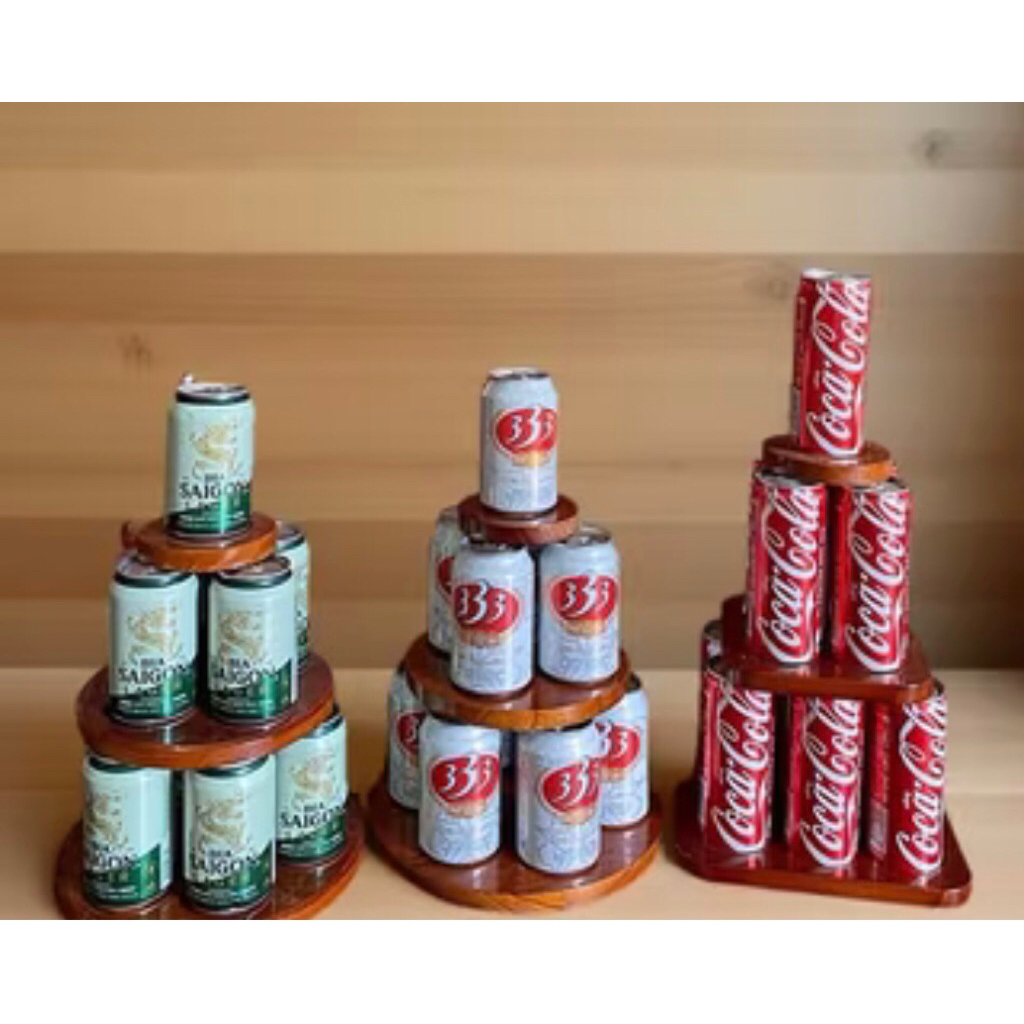 Tháp bày bia nước ba tầng, tháp gỗ tự nhiên sang trọng, tháp 3 tầng, tháp bày nước ngọt, tháp gỗ