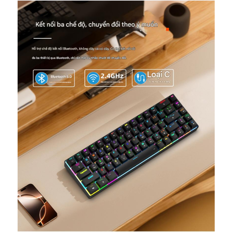 Bàn phím cơ không dây RS01 - Hỗ trợ hotswap - LED RGB nhiều chế độ - 3 mode kết nối tiện lợi | BigBuy360 - bigbuy360.vn