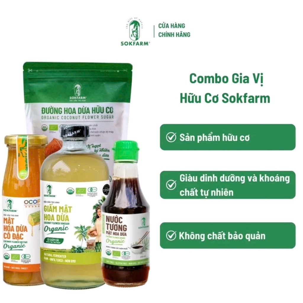 Combo Gia Vị Hữu Cơ Sokfarm - Nước tương, đường, Mật hoa dừa Organic Sokfarm- Nguyên bộ tiết kiệm