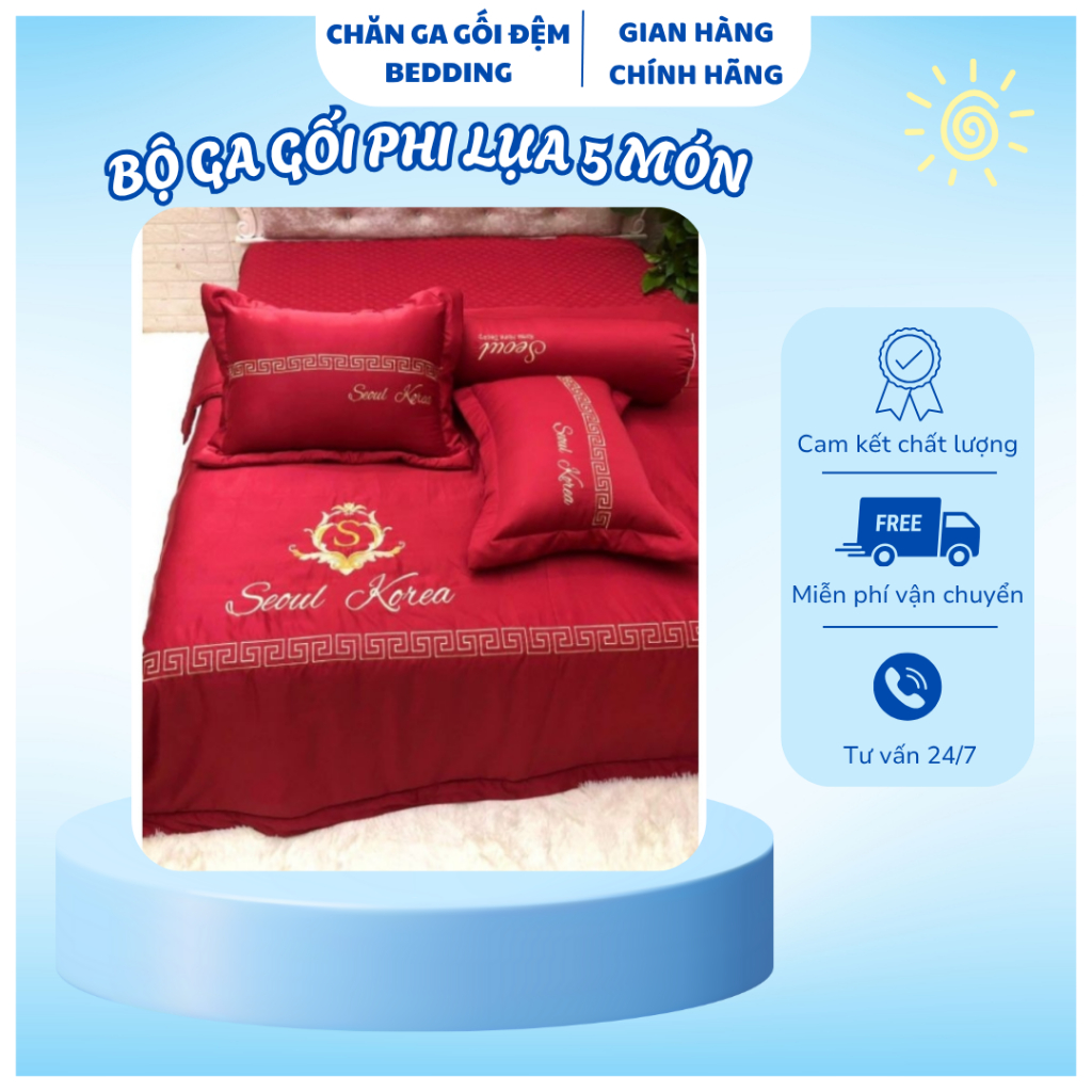 Bộ ga gối phi lụa 5 món trần bông mới