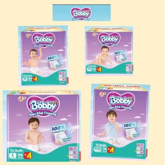 [Tặng 4 Miếng] Tã/bỉm quần Bobby 3mm Mega Jumbo Gạo non Giảm nhiệt Size M112+4/L96+4/XL84+4/XXL76+4 