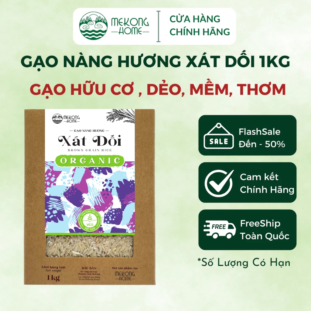 Gạo xát dối Mekong Home 100% Organic, gạo chuẩn vị Nàng Hương, ngọt, thơm, giữ trọn lớp cám - 1kg
