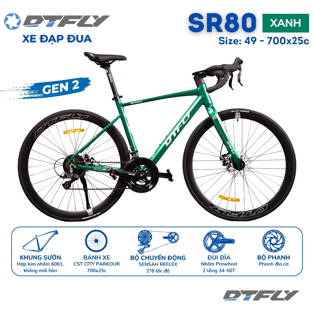 Xe Đạp Đua DTFLY SR80 GEN 2 Khung Nhôm 6061, 490MM, Bộ Chuyền Động SENSAH REFLEX 16 Tốc Độ | dtflyvn