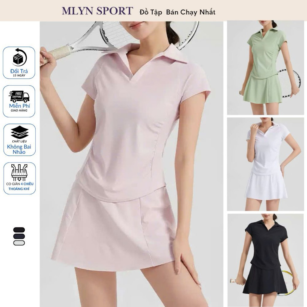 Set Đồ Thể Thao Nữ Tennis, Pickleball MLYN Sport – Áo Cổ V Thanh Lịch +  Chân Váy Chữ A Kèm Quần Tro