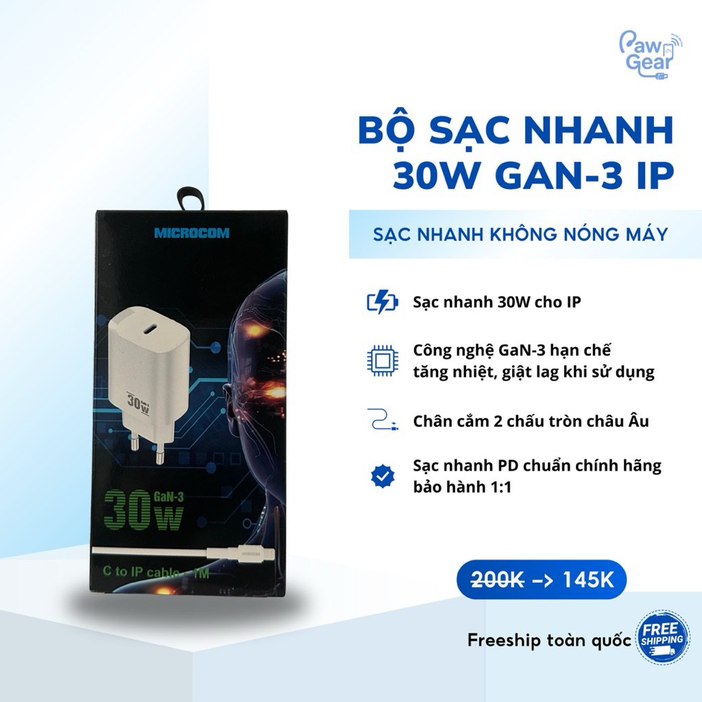 Bộ Sạc Nhanh Microcom 30W Chuẩn PD – Hỗ Trợ Sạc Nhanh Không Gây Nóng Máy | Công Nghệ GaN-3 | PAWGEAR