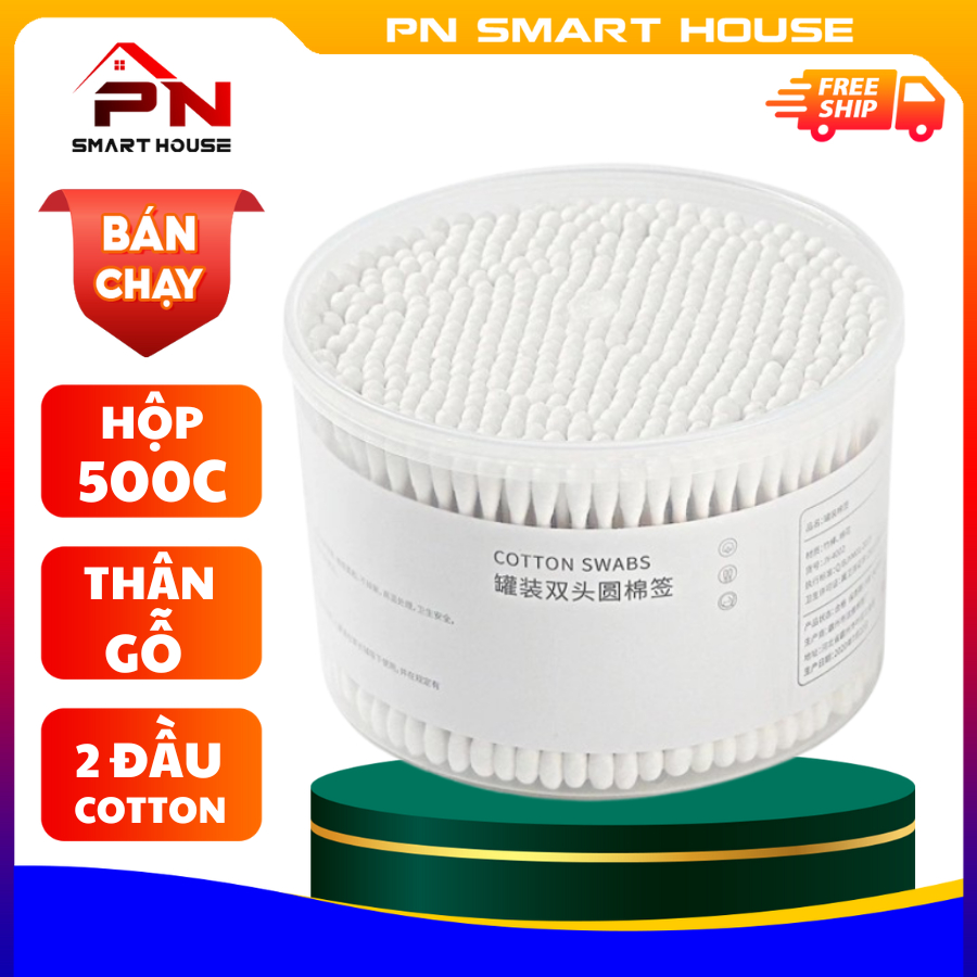 Hộp 500 Tăm Bông Ngoái Ráy Tai Cotton Thân Gỗ 2 Đầu Tròn Bông An Toàn Cho Mẹ…
