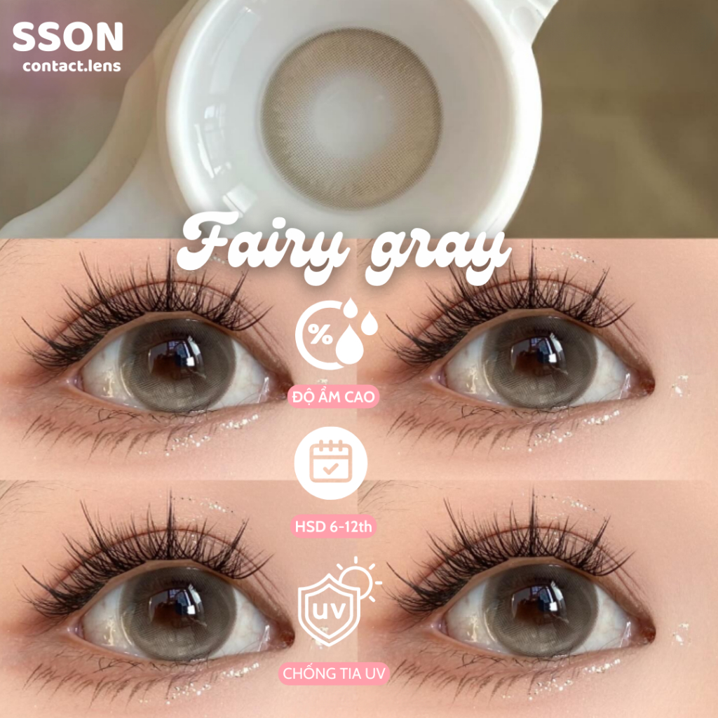 Kính Áp Tròng SSON Lens Fairy Gray set1 độ cận 0~10 hot trend bong bóng Gdia14.3mm Dia14.5mm kèm kha