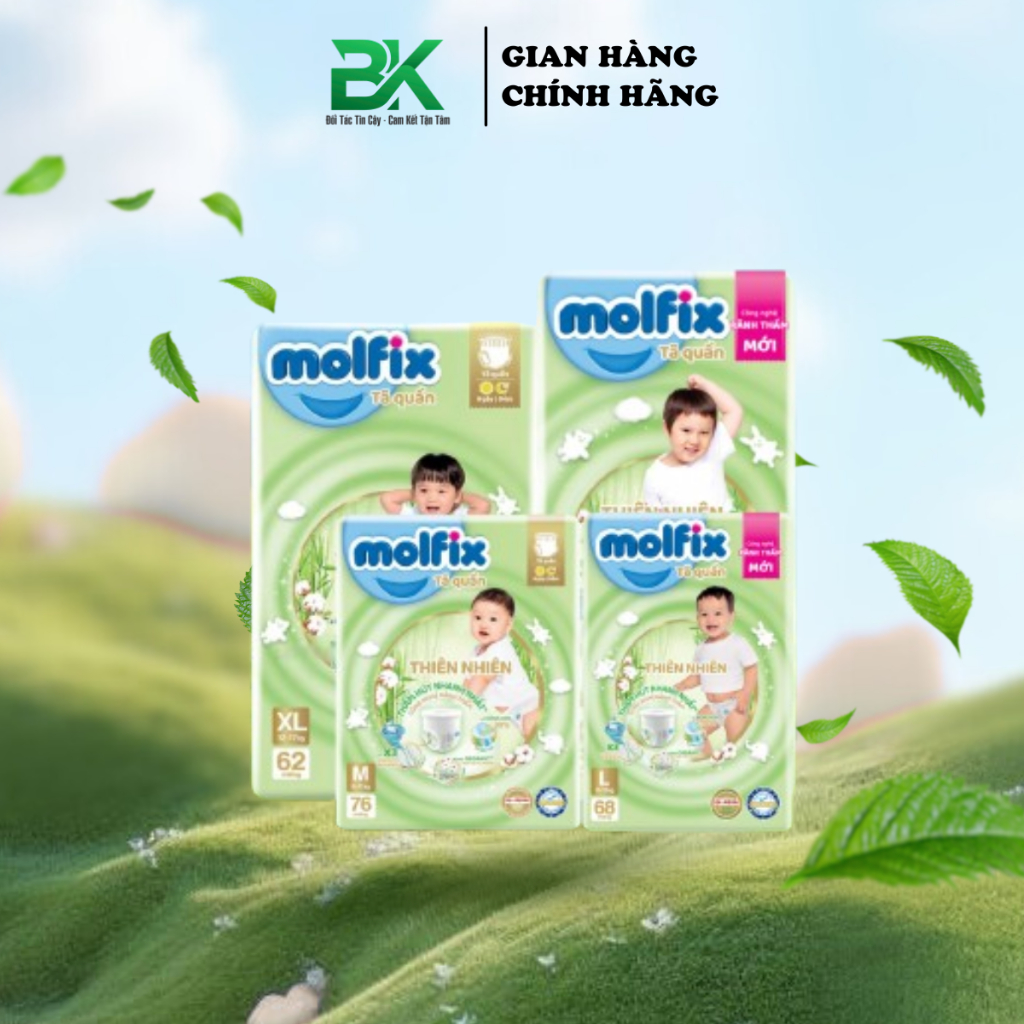 Tã Cho Bé Molfix Thiên Nhiên Tã Quần Ultra Siêu Mềm Mịn Khô Thoáng Size M76,L68,XL62,XXL56:
